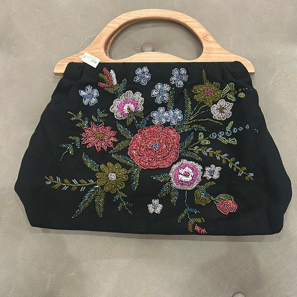 Floral Embroidered Black Handbag